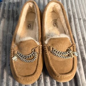 UGG Chestnut Suede Shearling Chain-Trim Moccasin Slippers